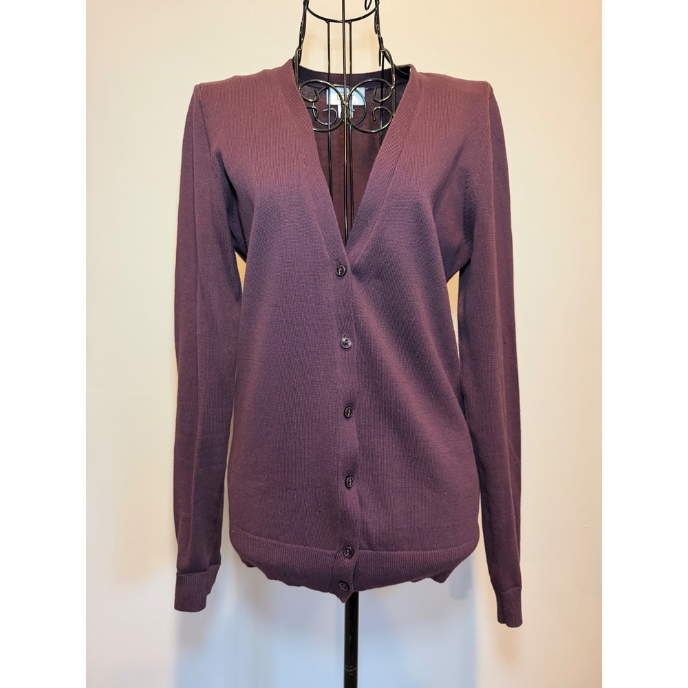 Ann Taylor LOFT Womens Plum Purple Cotton V-Neck Button Front Cardigan Sweater S